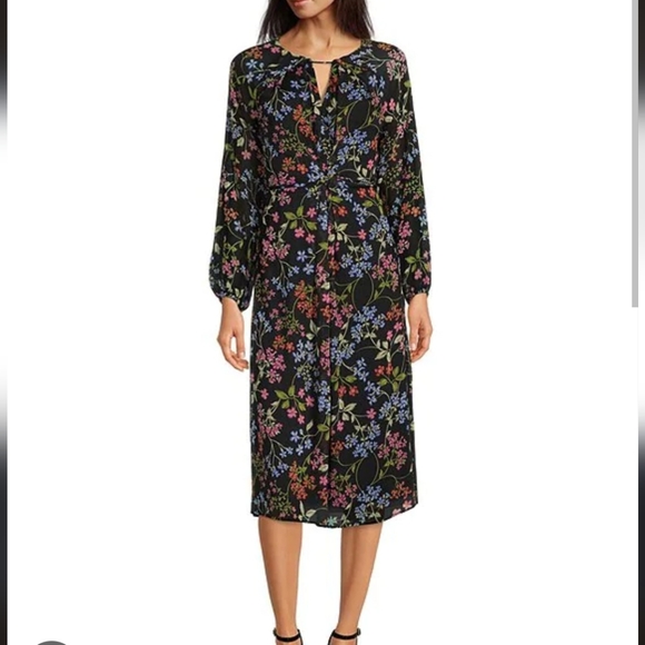 Calvin Klein Floral Print Long Blouson Sleeve Round Keyhole Neck Crinkle… - Picture 2 of 7